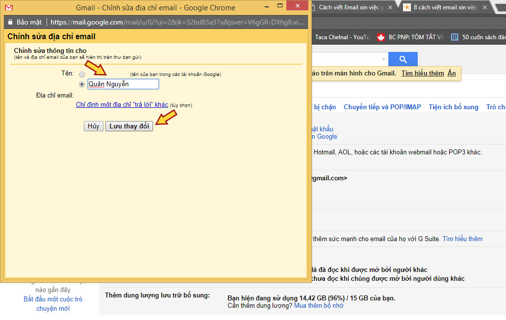 Cách viết email xin việc: Hướng dẫn cài đặt tên hiển thị Gmail - bước 3