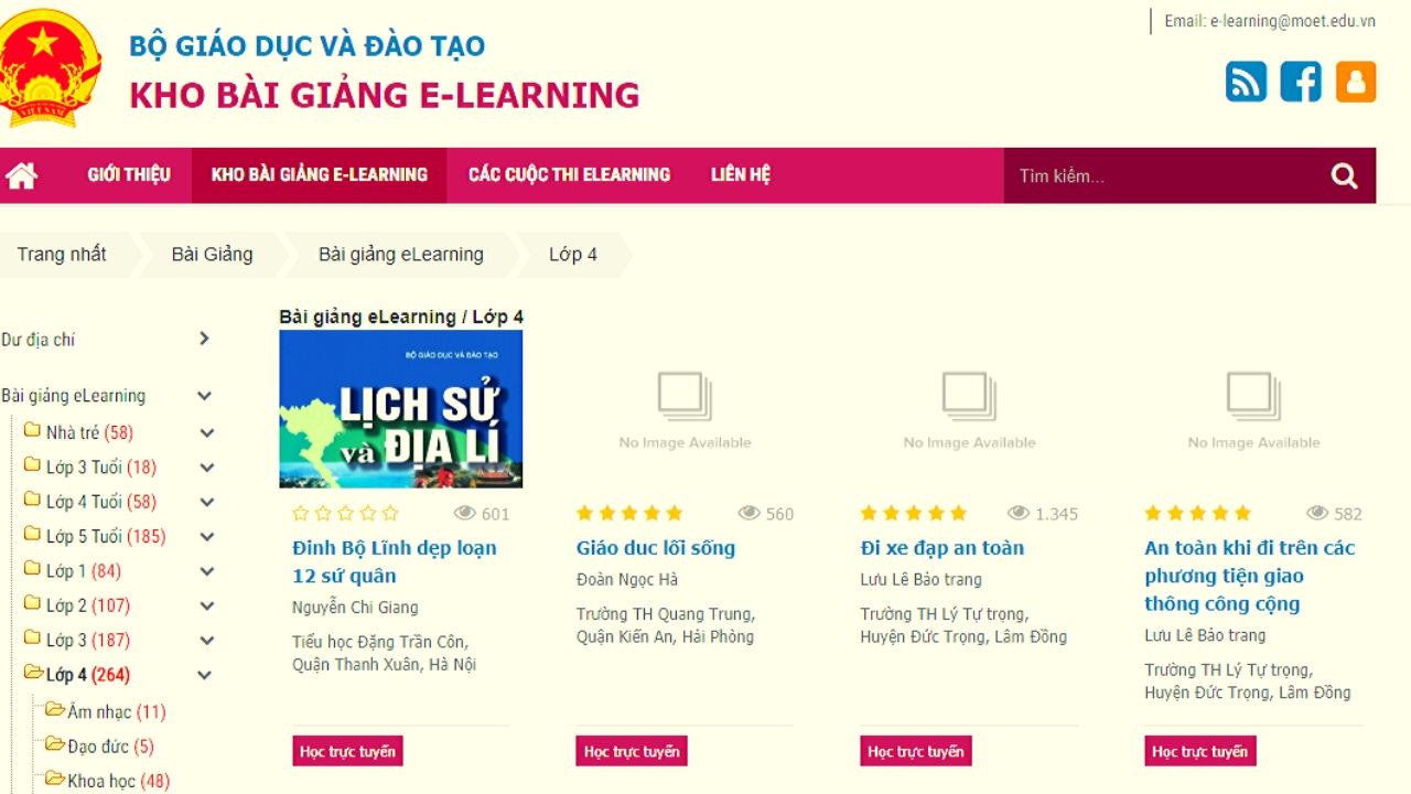 Kho bài giảng e-learning dành cho học sinh lớp 4 trên website của Bộ Giáo Dục