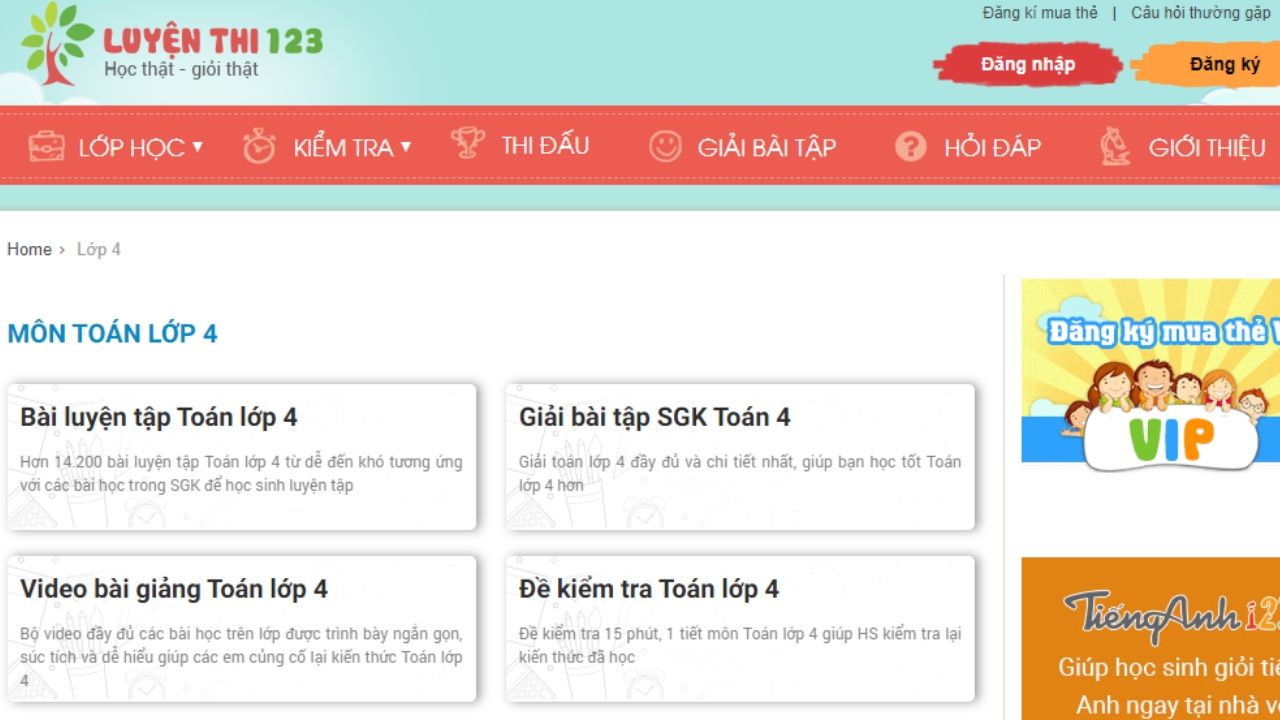 Luyenthi123.com là website học online lớp 4 rất nổi tiếng, học và ôn thi hiệu quả 3 môn Toán, Tiếng Việt và Tiếng Anh